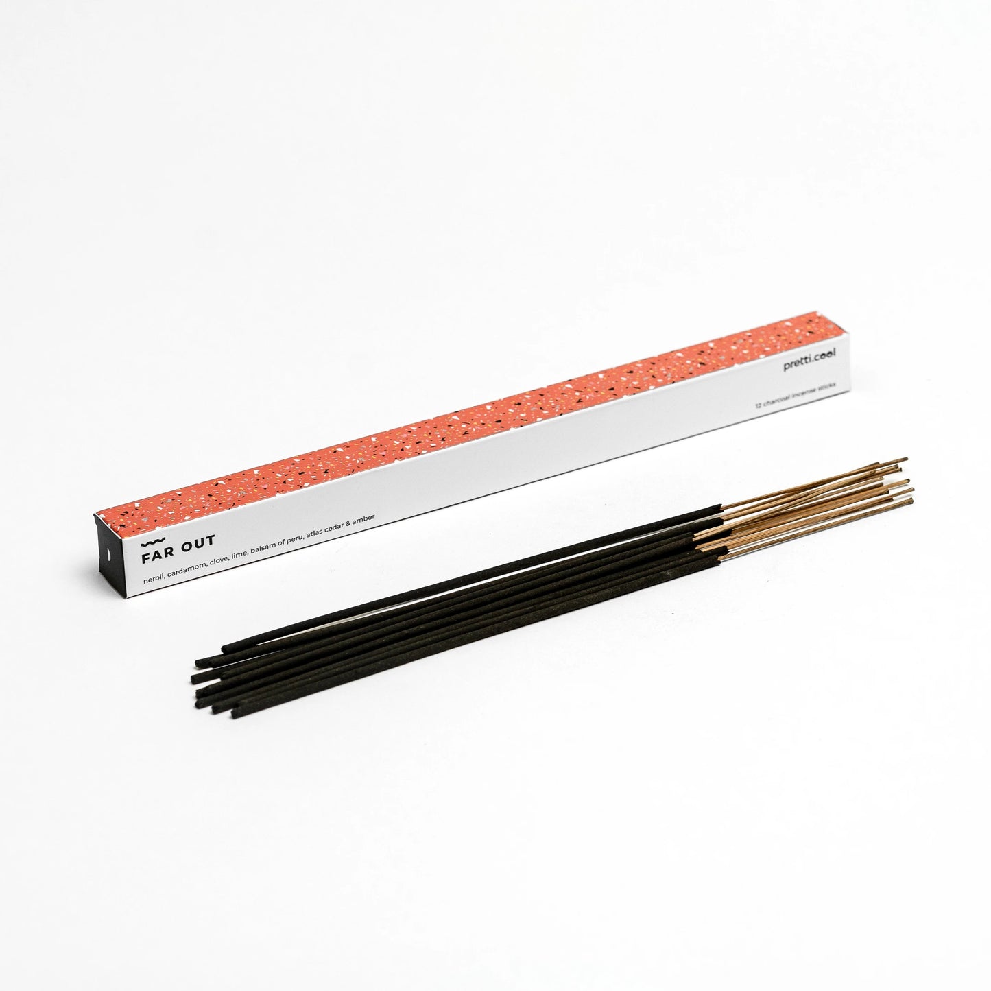 Charcoal incense sticks scented with therapeutic-grade essential oils.   Notes of: Neroli, Cardamom, Clove, Lime, Balsam of Peru, Atlas Cedar & Amber