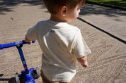 Geo Toddler Tee on Aaron in Cream w/ Cobalt