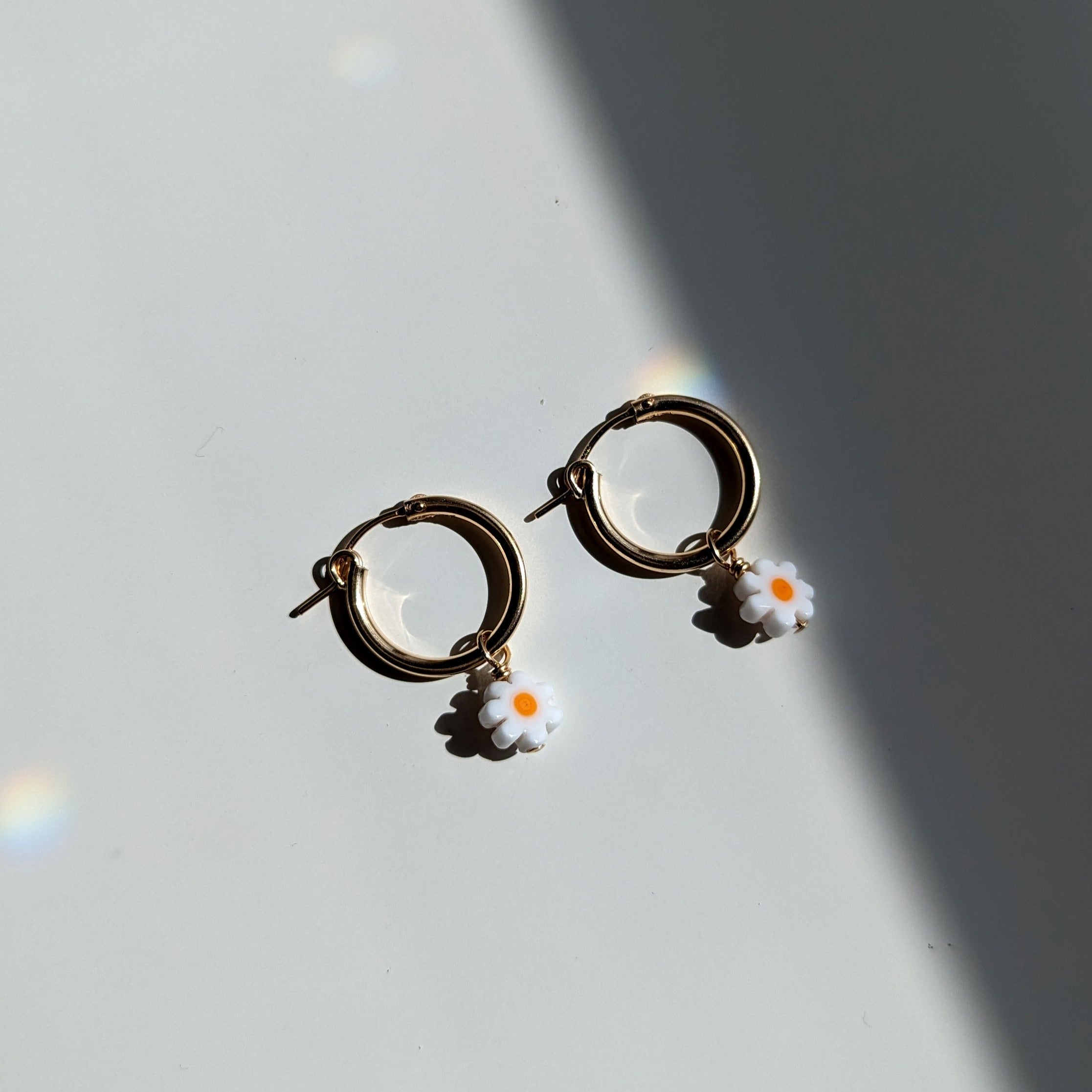 Gold Fill Daisy Charm Hoop Earrings