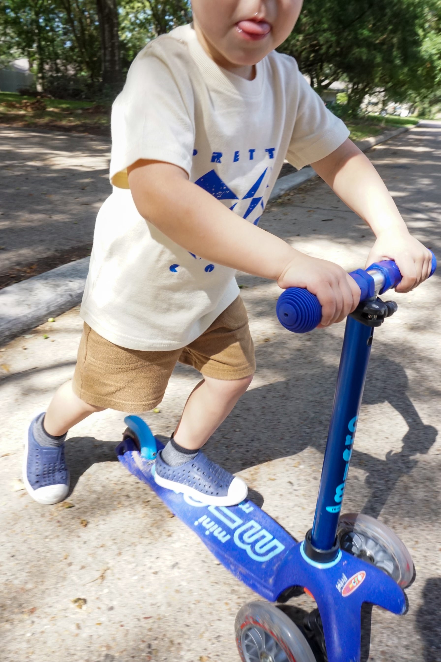 Geo Toddler Tee on Aaron in Cream w/ Cobalt