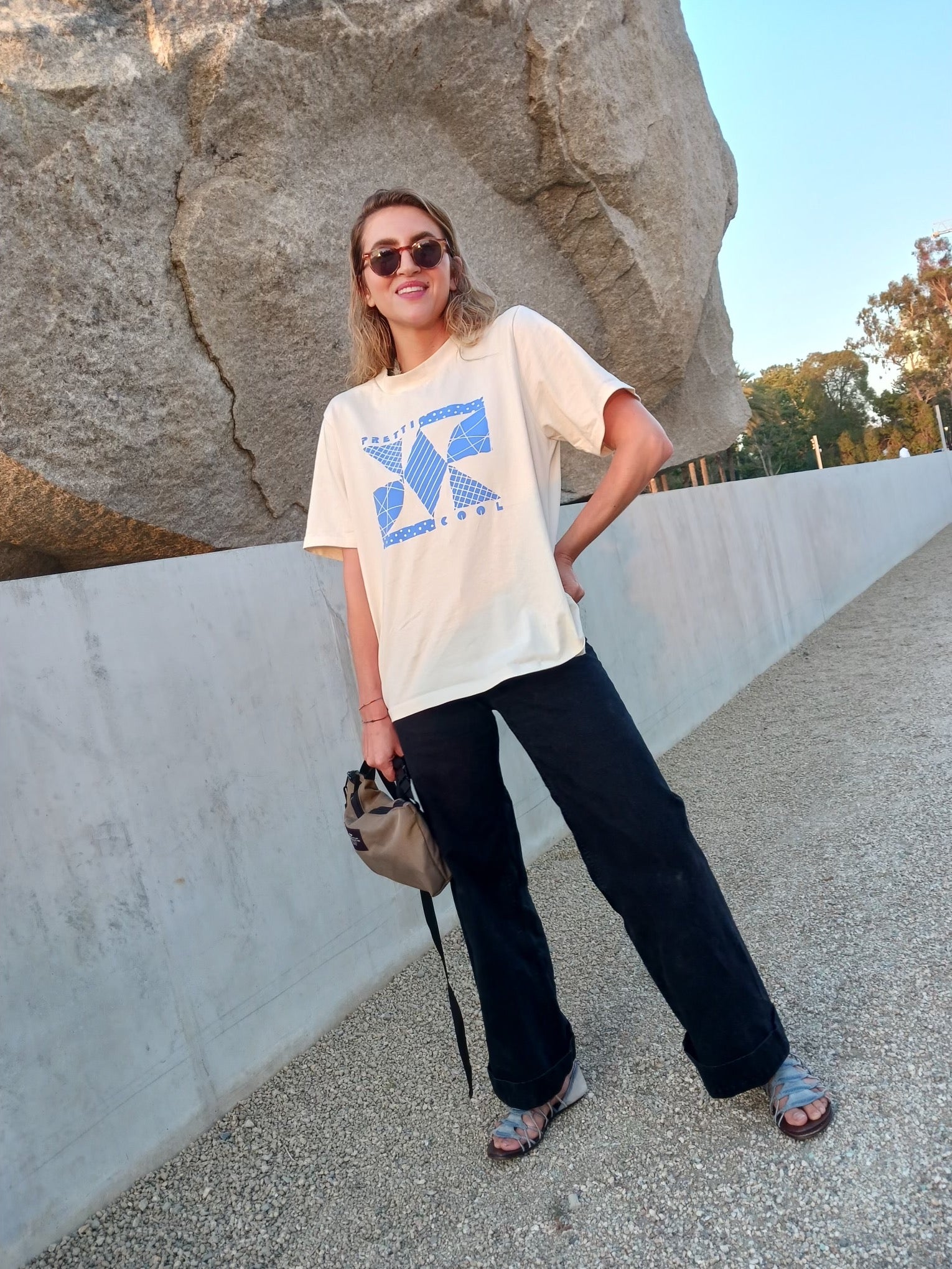 Memphis Tee in cream w/ blue print on model.