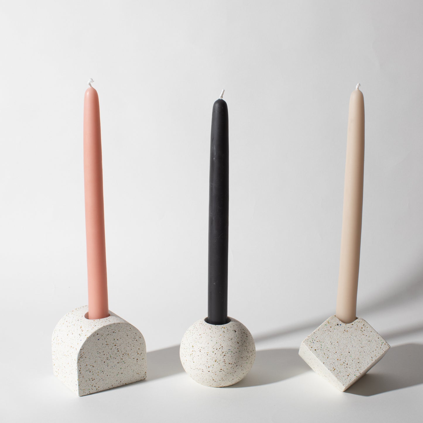 Pretti.Cool Block Candlestick Holder Set in White Terrazzo w/ candlesticks.