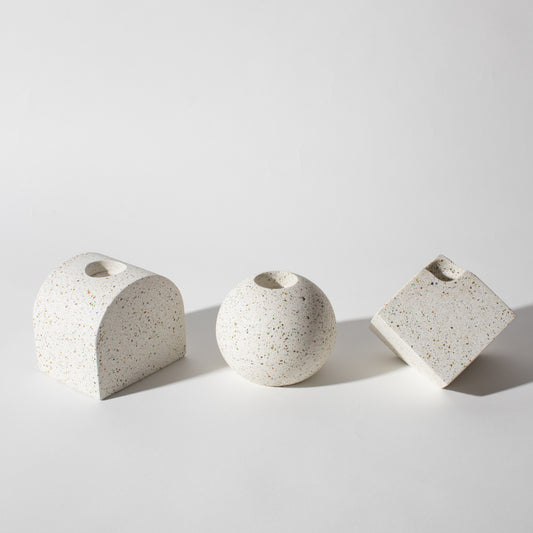 Pretti.Cool Block Candlestick Holder Set in White Terrazzo.