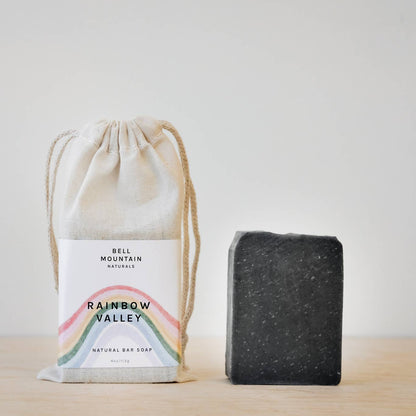 Bell Mountain Naturals' Rainbow Valley soap bar, shown next to its packaging.
