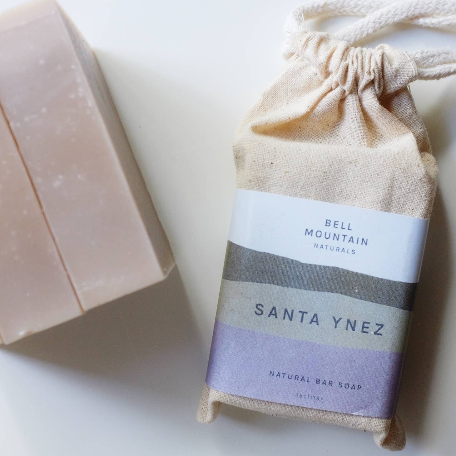 Bell Mountain Naturals' Santa Ynez soap bar, shown next to its packaging.