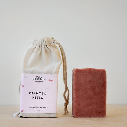 Bell Mountain Naturals' Painted Hills soap bar, shown next to its packaging.