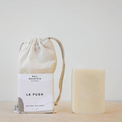 Bell Mountain Naturals' La Push soap bar, shown next to its packaging.