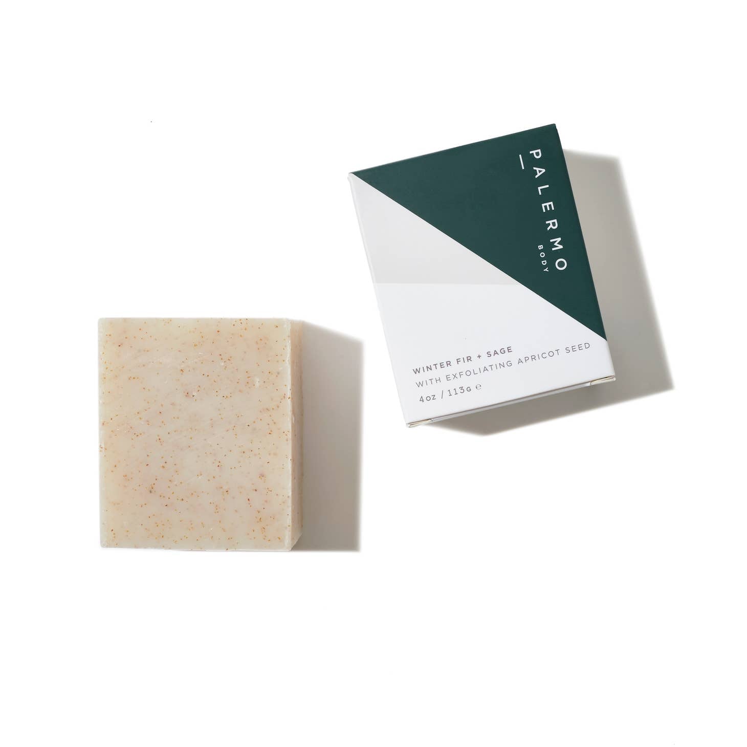 Palermo's Winter Fir + Sage soap bar, shown next to its packaging.
