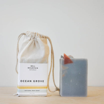 Bell Mountain Naturals' Ocean Grove soap bar, shown next to its packaging.