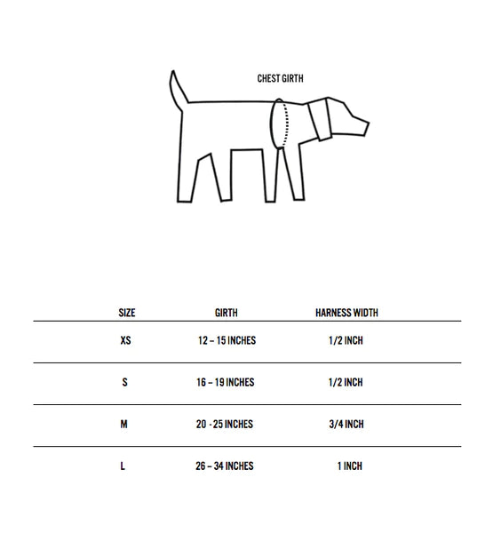 Sizing chart for the pet harnesses.