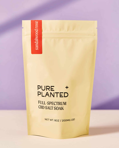 Pure + Planted's Full Spectrum CBD Salt Soak in Sandalwood Rose.