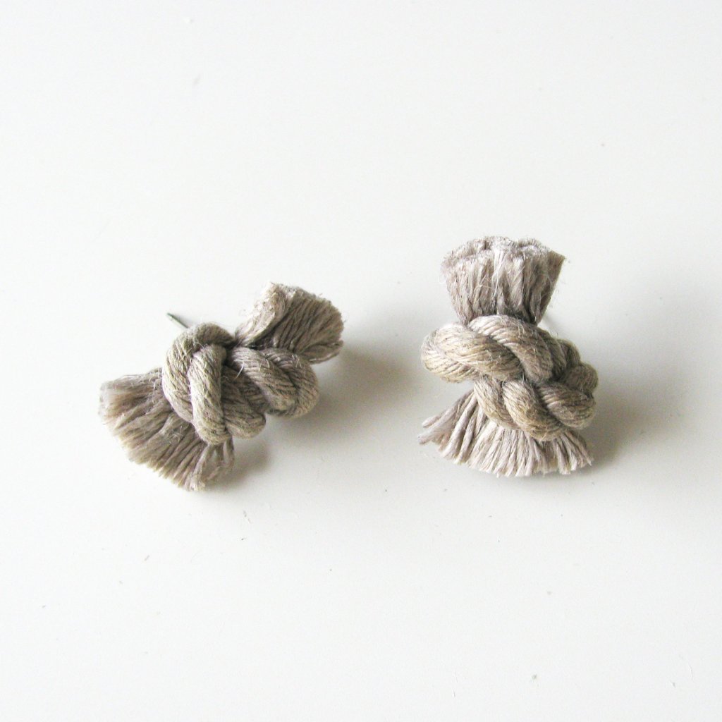 Linen rope knot earrings with titanium post in natural.
