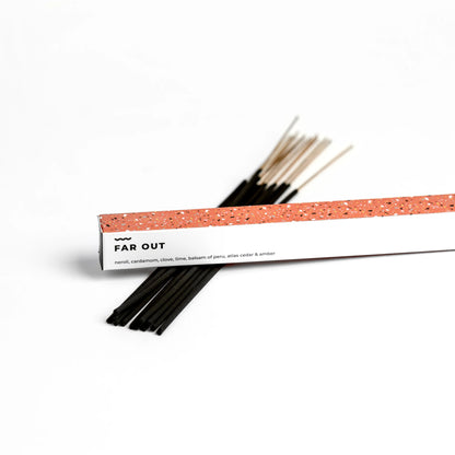 Charcoal incense sticks scented with therapeutic-grade essential oils.   Notes of: Neroli, Cardamom, Clove, Lime, Balsam of Peru, Atlas Cedar & Amber