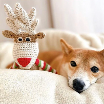 Hand knit reindeer dog toy, next to a dog for scale.