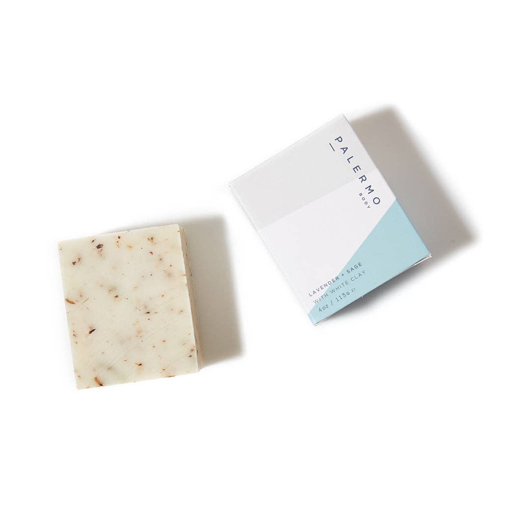 Palermo's Lavender + Sage soap bar, shown next to its packaging.