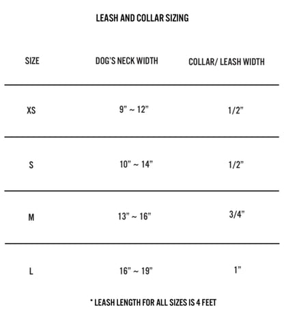 Sizing chart for the leashes and collars.