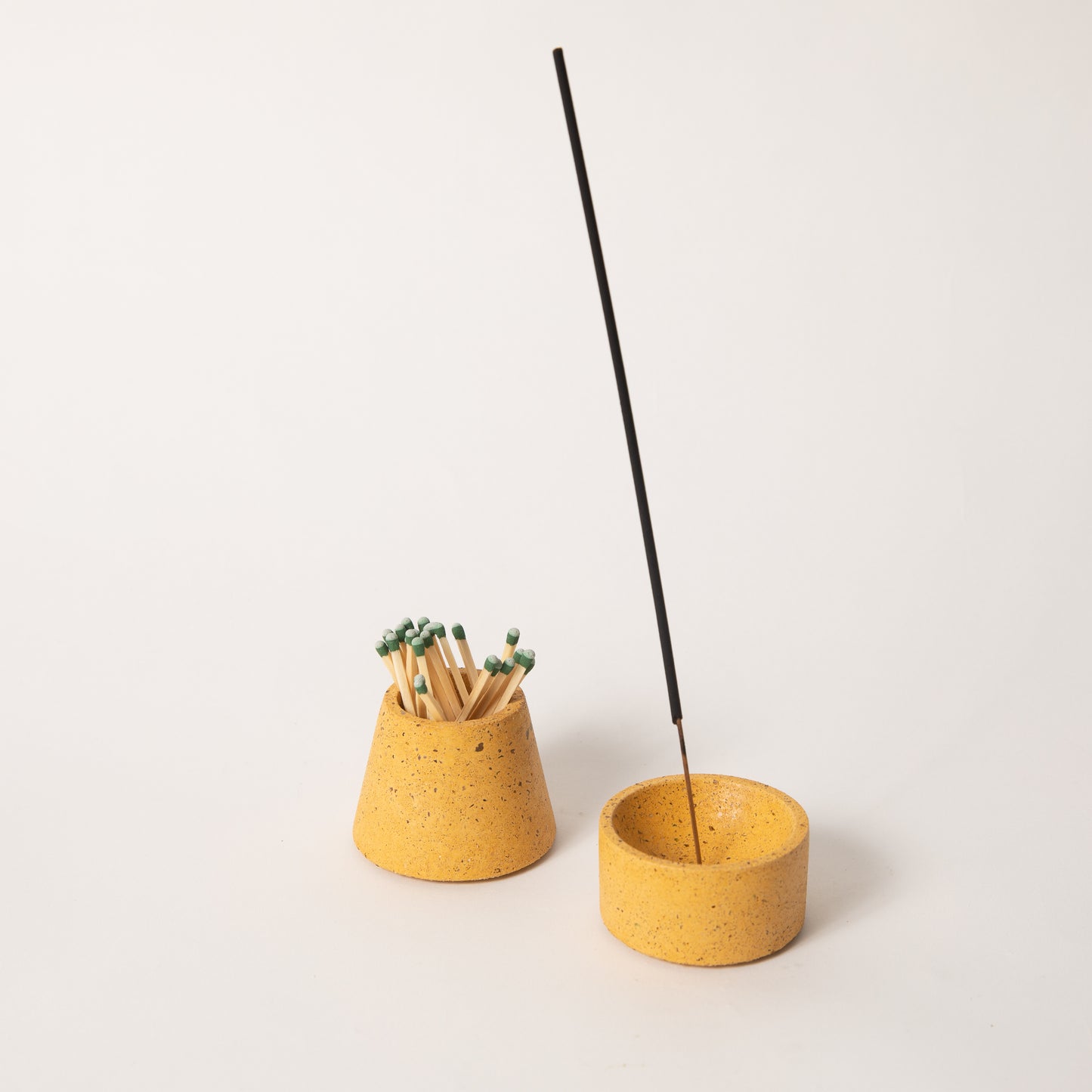 Marigold terrazzo matchstick & incense holder set, styled with strike-anywhere matches & an incense stick.