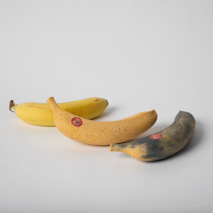 Concrete banana in both styles, banana bread (overly ripe color) and perfectly ripe next to real banana.